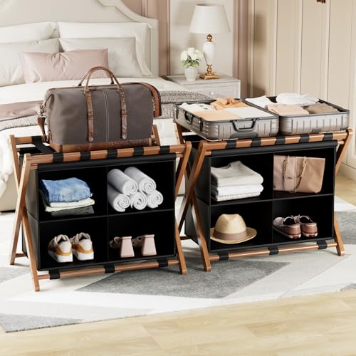 Walnut Bamboo Luggage Rack 2 Pack with 4 Storage Compartments, Foldable Suitcase Stand