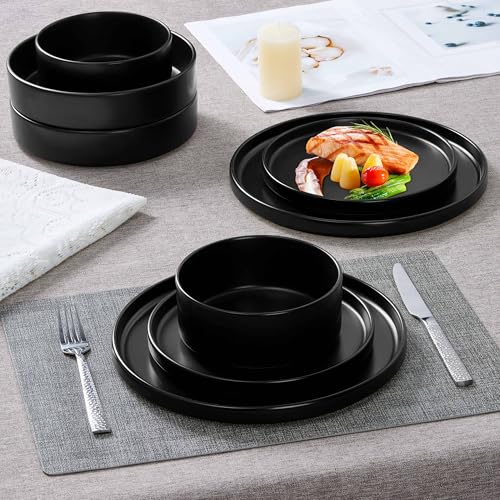 Herogo Matte Black 16-Piece Dinnerware Set for 4 - Includes 4 Dinner Plates, 4 Salad Plates, 4 Pasta Bowls & 4 Cereal Bowls