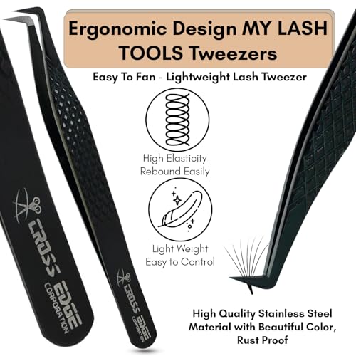 CrossEdge Corporation Fiber Tip Lash Tweezers for Eyelash Extension Curved 90 Degree Angle Boot Tweezer Best for Volume, Individual Isolation & Classic Lashes Stainless Steel Lash Supply (Black)