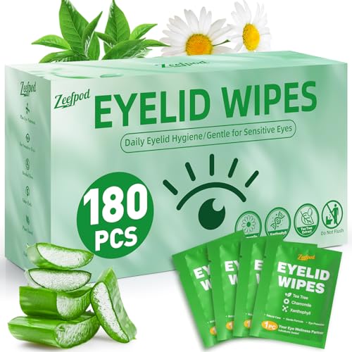 180PCS Tea Tree Oil Eyelid Wipes – Individually Wrapped Eye Lid Cleaning Wipes, Sensitive Skin Friendly