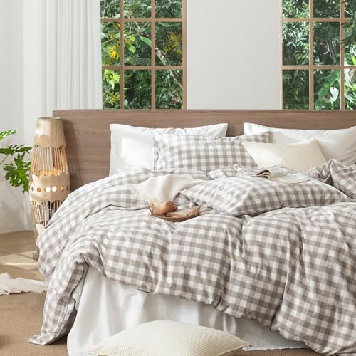 MooMee Buffalo Plaid Tannish Linen Grey King Duvet Cover Set, 3 Pieces