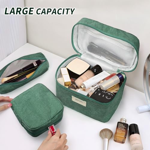 LVWNM Green 4-Piece Corduroy Makeup Bag Set for Women, Travel & Organizer