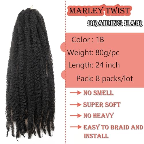 8 Packs Cuban Twist Braiding Hair - 24 Inches, 1B Variation of #1B / 24 Inch