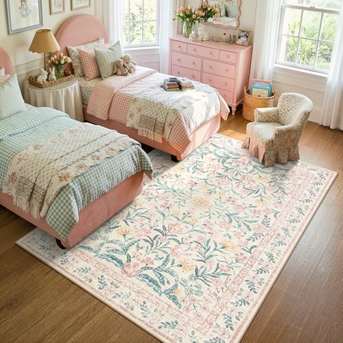 Pink Bedroom Rug 5x7 Blush Pink Floral Washable Nursery Carpet for Girls Room