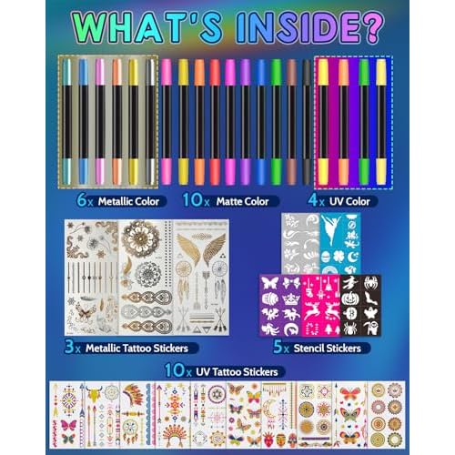 Temporary Tattoo Markers for Skin, 20 Pcs Dual-Tip UV & Matte & Glitter Tattoo Pens, Skin-Safe Body Markers with Tattoo Stencils & Stickers, Washable Glow in the Dark Markers for Kids Teens