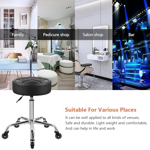 Black Nine-Grid Salon Stool with Wheels - Adjustable Height Swivel Chair with Thick Cushion