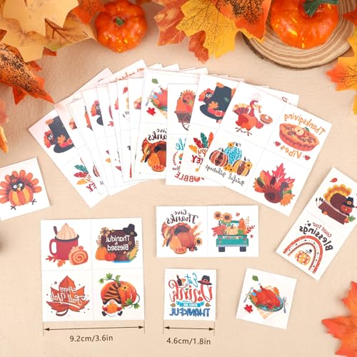 Konsait Thanksgiving Temporary Tattoos, 96Pcs Perforated Give Thanks Pumpkin Turkey Tattoos, Thanksgiving Goodie Bag Stuffers & Accessories, 24 Design