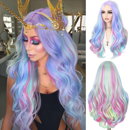 WIGER Multicolor Long Wavy Rainbow Wig 24 Inch Cosplay Costume Hair for Women Girls