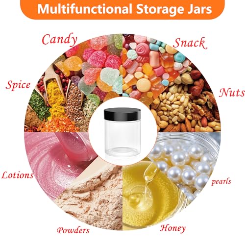 ihomecooker 84PCS 4oz/125ml Small Plastic Jars with Screw On Black Lids Seal Stickers Bottle Lid,Clear Container for Storing Dry Food,Spice,Lotion, Cosmetic, Slime, Honey Jam, Cream, Butter