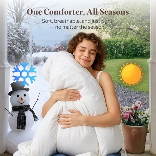 All Season Twin Size Goose Feather Down Comforter - White, Hypoallergenic, Organic Cotton Shell