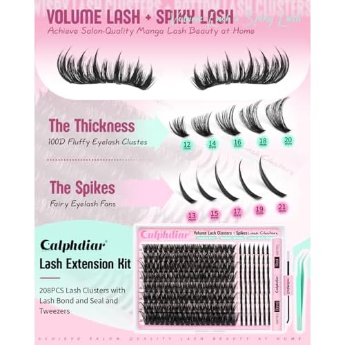 Spikes Eyelash Clusters Volume Lash Clusters Kit DIY Salon-Grade Lash Extensions Spiky Individual Lashes Extension Kit 12-21mm Cluster Eyelash Extensions Kit Manga Lashes Clusters with Bond and Seal