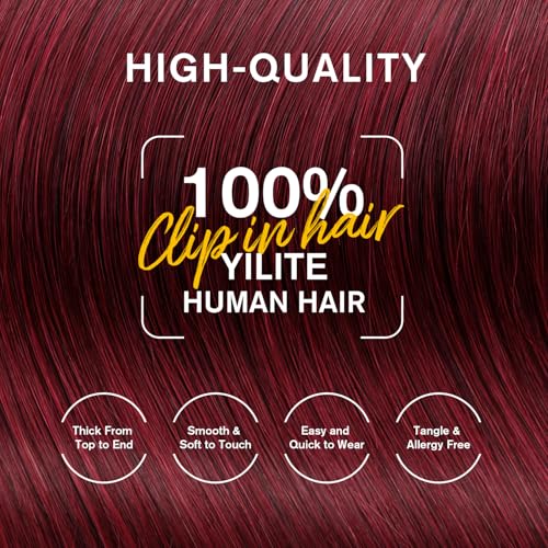 Clip In Hair Extensions Human Hair Burgundy 14 Inch 2.5 Ounce - Seamless & Full