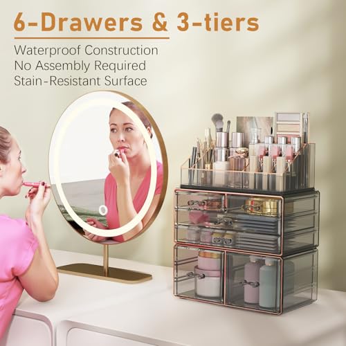 Delamu 3-Tier 6-Drawer Makeup Organizer Countertop Cosmetic Organizer for Dresser and Vanity Bathroom Organizers and Storage for Lipstick Brush Skincare Perfume, Nail Polish, Black with Gilded Borders