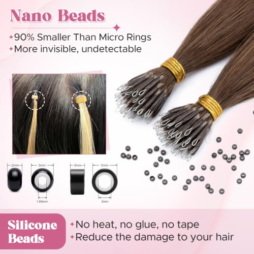 Nano Bead Hair Extensions 18 Inch Real Human Hair - Medium Brown #04 - Seamless & Reusable