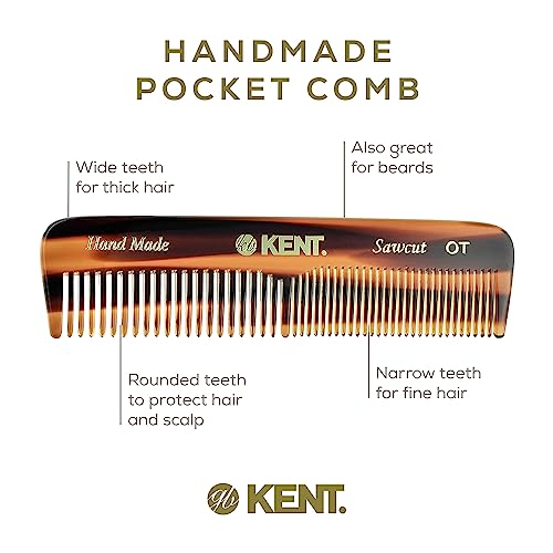Kent OT Tortoiseshell Pocket Comb - Handmade Fine and Wide Tooth Hair Comb for Men, Women, and Kids - Travel, Beard, and Mustache Comb - Saw Cut and Hand Polished Made in England