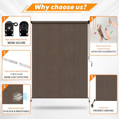 Mocha Outdoor Roller Shades 8' W x 8' H - Cordless Sunblock & Privacy Screen