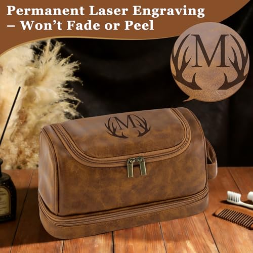Personalized Men's Toiletry Bag with Initials - Light Brown, Waterproof PU Leather, Gift for Dad, Men, Birthday, Christmas