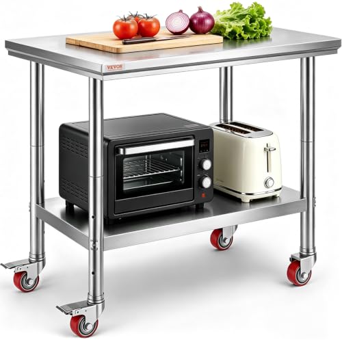 Stainless Steel Work Table 36x24 Inch with Casters - Heavy Duty Food Prep Table for Commercial Kitchen - Variation of Worktable