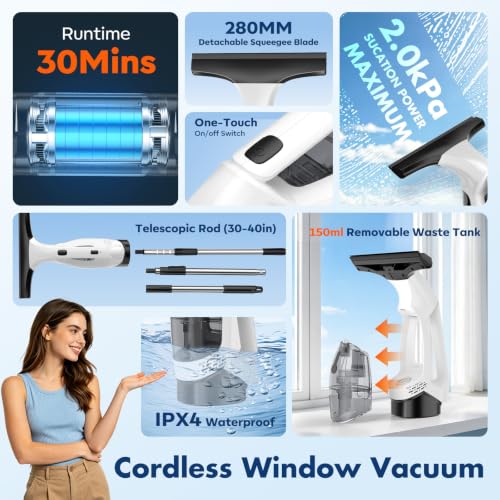 Cordless Window Vacuum Squeegee with Extendable Pole, 2200mAh Battery, 11-Inch Silicone Blade