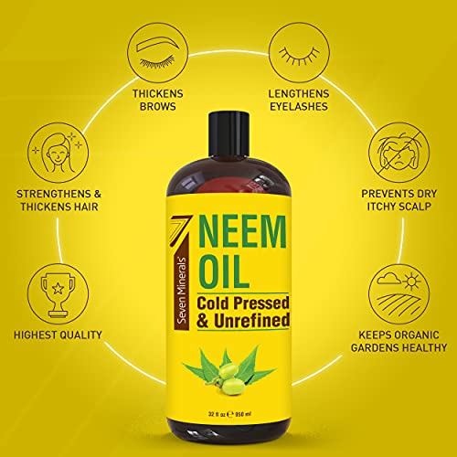 Pure Neem Oil for Skin Hair Plants - Cold Pressed Non-GMO 32oz Bottle