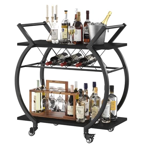 Black Arc-Shaped Bar Cart with Wheels and Wine Rack - Industrial Home Beverage Trolley with Storage