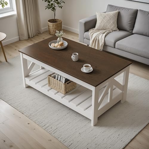 YESHOMY Farmhouse Coffee Table with Storage - Brown & White Rectangular
