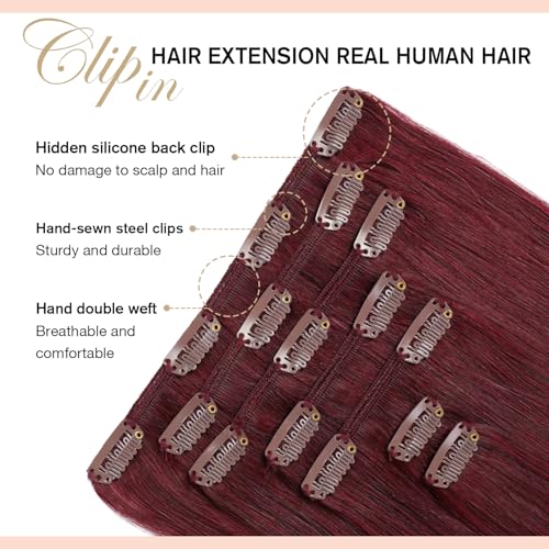 Clip In Hair Extensions Human Hair Burgundy 14 Inch 2.5 Ounce - Seamless & Full