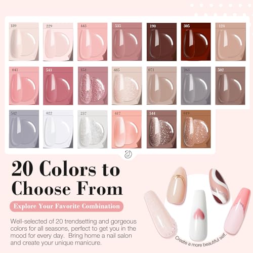 Dip Powder Nail Kit with 20 Colors & Accessories - Nude Pink Glitter Auburn Variation