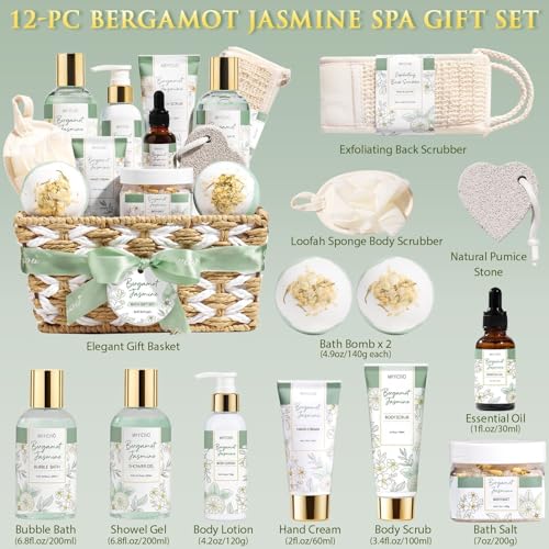 Birthday Gifts for Women, Bergamot Jasmine Relaxing Spa Gift Baskets for Women Self Care Package Bath Gift Set, Home Bath and Body Kit Pampering Easter Gifts for Womens Her Mom Friends Sister Wife
