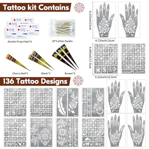 136 Pieces Henna Tattoo Stencil Kit, Temporary Tattoos Stencils Kit with 6 Pcs (Brown/Black/Red) Ink, DIY Face Body Art Painting Kit for Festivals Wedding Party
