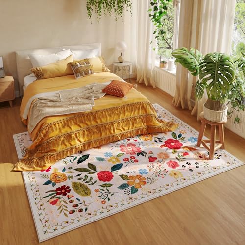 Washable Beige Area Rug 8x10 - Non Slip Vintage Boho Style