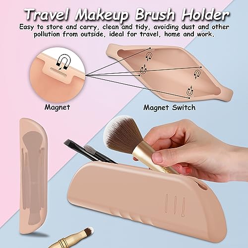 4 in 1 Makeup Brush Set, Travel Makeup Brushes with Case, Foundation Brush/Blush Brush, Eyeshadow Powder Brush,Concealer Brush (gold-silicon brush holder)