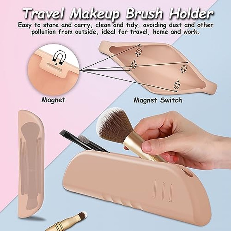 4 in 1 Makeup Brush Set, Travel Makeup Brushes with Case, Foundation Brush/Blush Brush, Eyeshadow Powder Brush,Concealer Brush (gold-silicon brush holder)