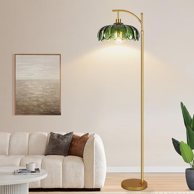Green Glass Floor Lamp with Remote Control & Dimmable Features - Vintage Brass Standing Lamp, 65-70 Inches, Mid-Century Modern Design