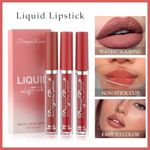 M?TYSUR3Pcs Matte Lipstick Set - Long Lasting & Smudge-Proof, Hydrating Non-Drying lip gloss for Women, Natural Finish with Rich Shades, Nourishing Lipstick for Women, Soft Matte Lip Cream