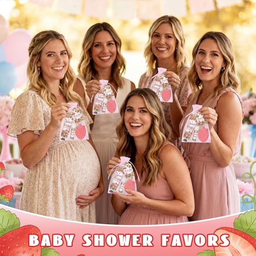 Loopeer 30 Set/150 Pcs Strawberry Baby Shower Favors for Guests Gifts Hand Cream Lip Balm Soap Party Favors Gifts Travel Size with Organza Bags, Thanks You Card for Baby Shower Birthday Wedding