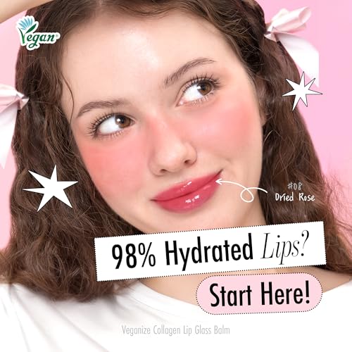 self beauty Veganize Collagen Lip Glass Balm - Hydrating Lip w/Hyaluronic Acid - Vegan Korean Lip Balm Moisturizing Lip Care ? Lip Gloss Repair for Dry Cracked Lips 0.06 oz (#8 Dried Rose)