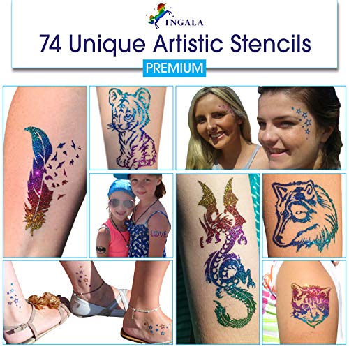 Blue Glitter Temporary Tattoo Kit for Kids & Teens with 74 Stencils & Body Glue