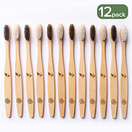 24 Pack Bamboo Toothbrushes for Adults - Eco-Friendly Wooden Toothbrush with Charcoal Soft Bristles, Includes Travel Case