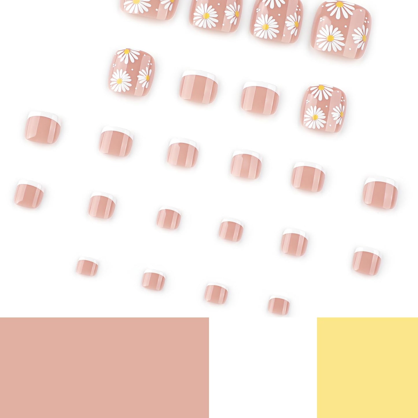 24Pcs White French Tip Press on Toenails Short Square Fake Toe Nails with Daisy Designs Spring Acrylic Nails Glue on Nails Summer Flower False Toenails Full Cover Stick on Nails for Women Nail Supply