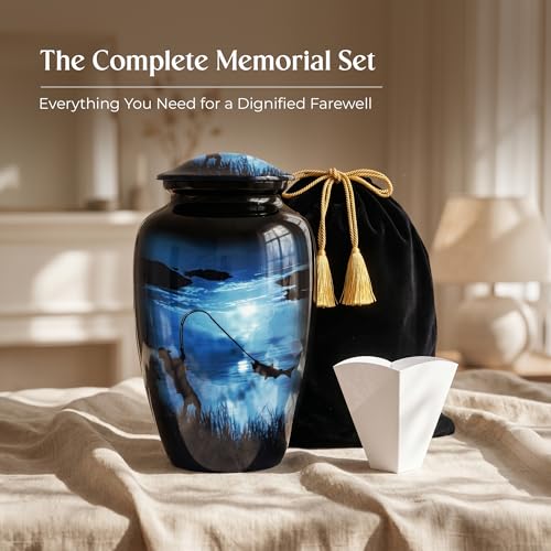 Fishing Urn for Human Ashes - Large Blue Cremation Memorial with Velvet Bag & Funnel - Variation: Large Fishing