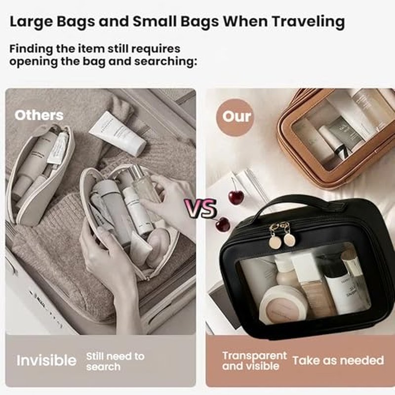 2 Complete Sets of 3-Size Makeup Bags | Premium Transparent & Waterproof Cosmetic Organizer Storage Bag | Travel Toiletry & Skincare Storage Set (Black, L+M+S+MakeupBrushes)