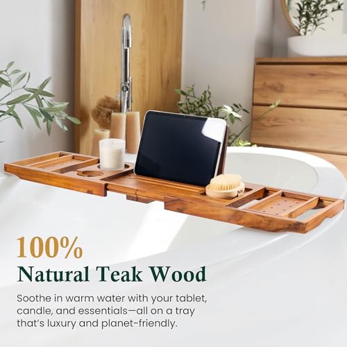 Realgulf Classic Teak Finish Adjustable Bathtub Caddy Tray Organizer