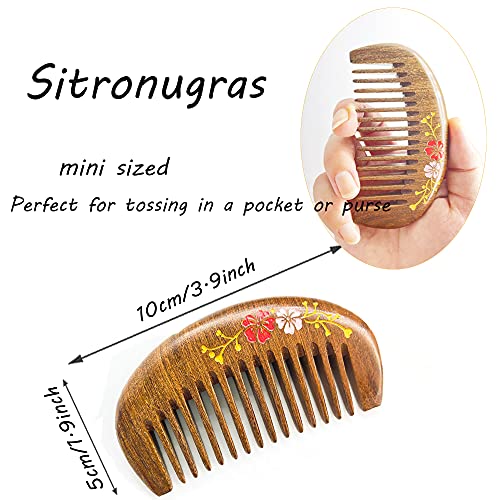 Pocket Size Sandalwood Comb with Flower Design - No Static Wide Tooth Hair Comb - 2pcs with Free Pouch - Variation MN Flower