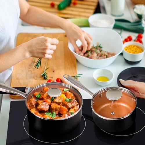 Michelangelo 3-Piece Nonstick Saucepan Set with Lids, 1 Qt, 2 Qt & 3 Qt Copper Coated Ceramic Pans