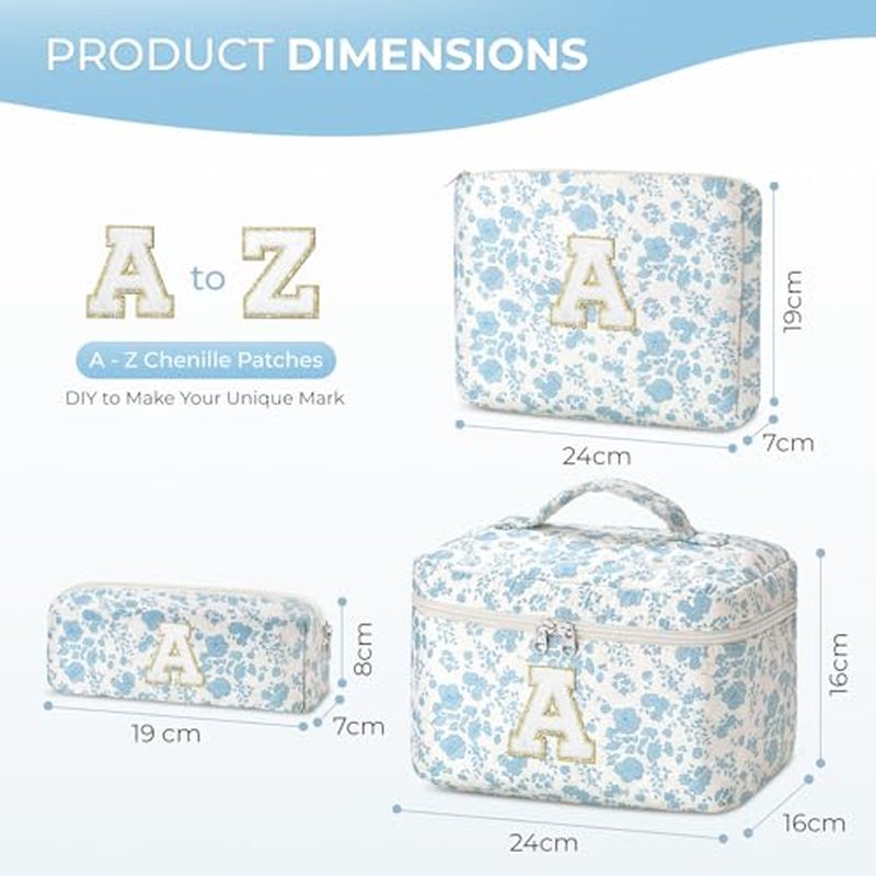 3PCS Personalized Initial Makeup Bag for Women, Birthday Gifts for Girl, Travel Toiletry Bag MakeupBag Quilted Cosmetic Bag Floral Cotton Make up Bags for Girls and Women Christmas Gift C