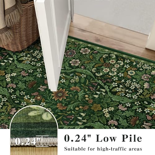 Dark Green Floral Area Rug 6x9 Washable Botanical Carpet for Living Room