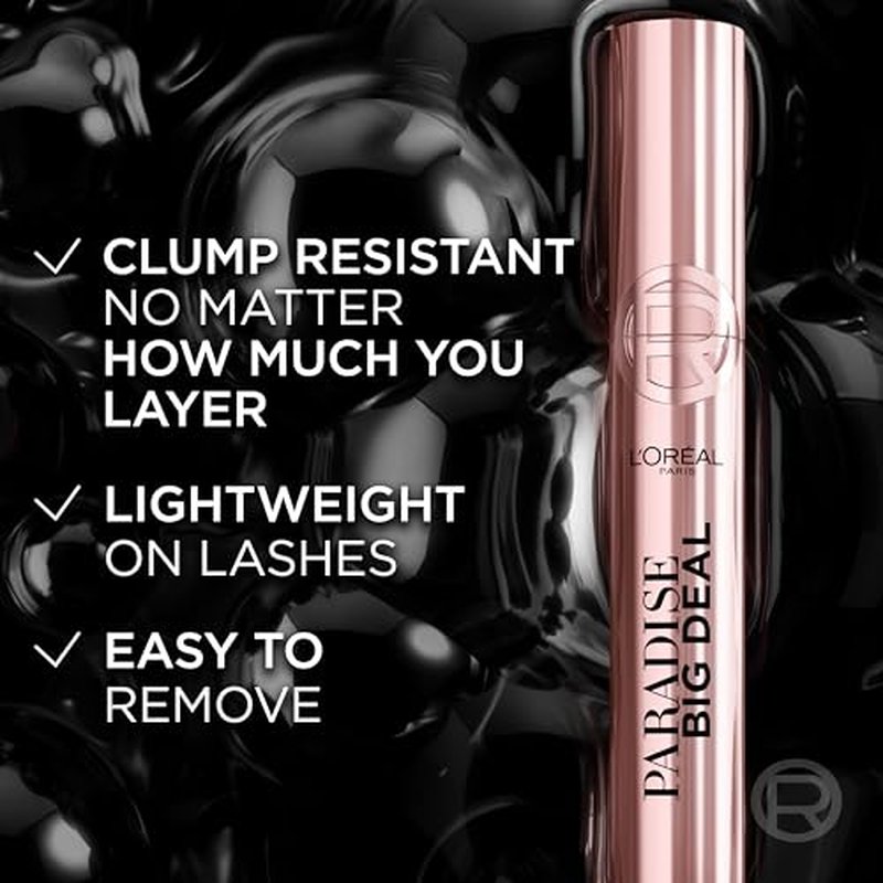 L'Oreal Paris Paradise Big Deal Mascara, Volumizing and Lengthening Formula, Buildable, Clump Resistant, Washable Blackest Black Mascara, 0.33 Fl Oz
