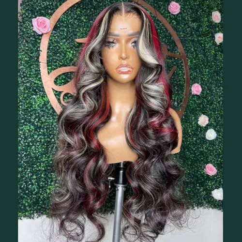 EVLYNN 26in 13x4 HD Lace Front Wig - Black Red with Blonde Highlight, Pre-Plucked, Baby Hair, Wavy Skunk Stripe
