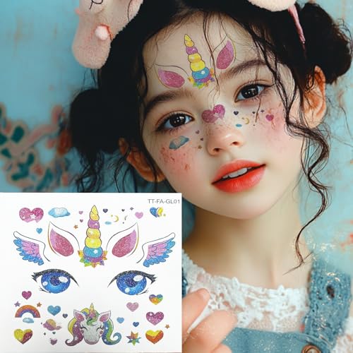 Konsait 10 Sheets Glitter Face Tattoos Animal Fake Tattoos for Girls Face Makeup Tattoo Mermaid Butterfly Temporary Face Tattoo Birthday Halloween Makeup Stickers Party Favors